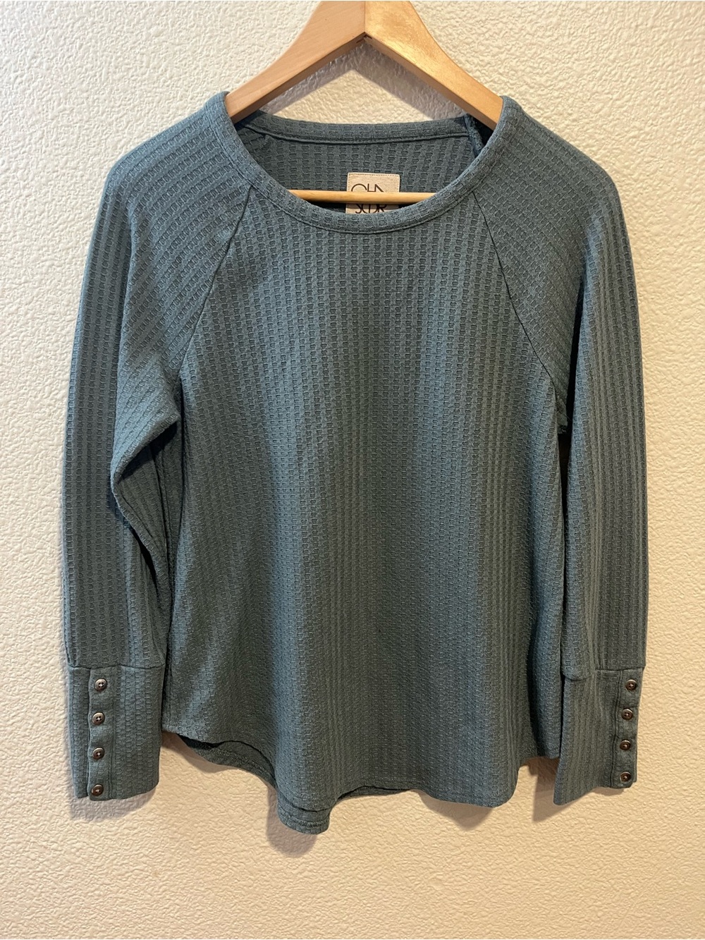 CHASER Long Sleeve Thermal Waffle Knit Top Green Blue M
